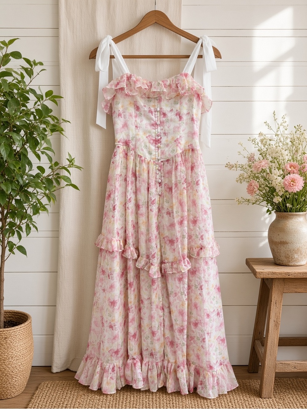 Floral Printed Shoulder Strap Midi Dress